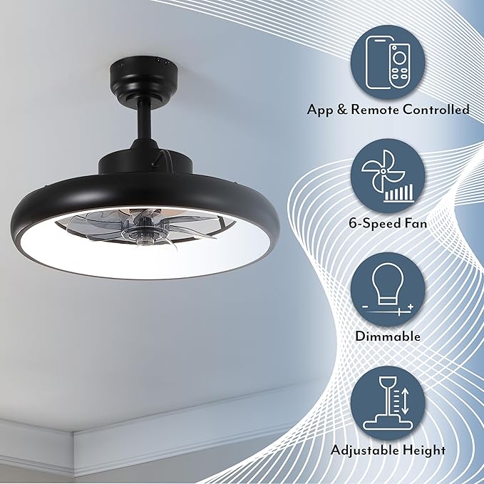 Oval AIR Loren 20" Small Smart Ceiling Fan with Light, Semi Flush Mount, Quiet 6-Speed Reversible Motor, Dimmable LED, Adjustable CCT, App & Remote Control, Modern, Black AIR8002B