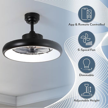 Oval AIR Loren 20" Small Smart Ceiling Fan with Light, Semi Flush Mount, Quiet 6-Speed Reversible Motor, Dimmable LED, Adjustable CCT, App & Remote Control, Modern, Black AIR8002B