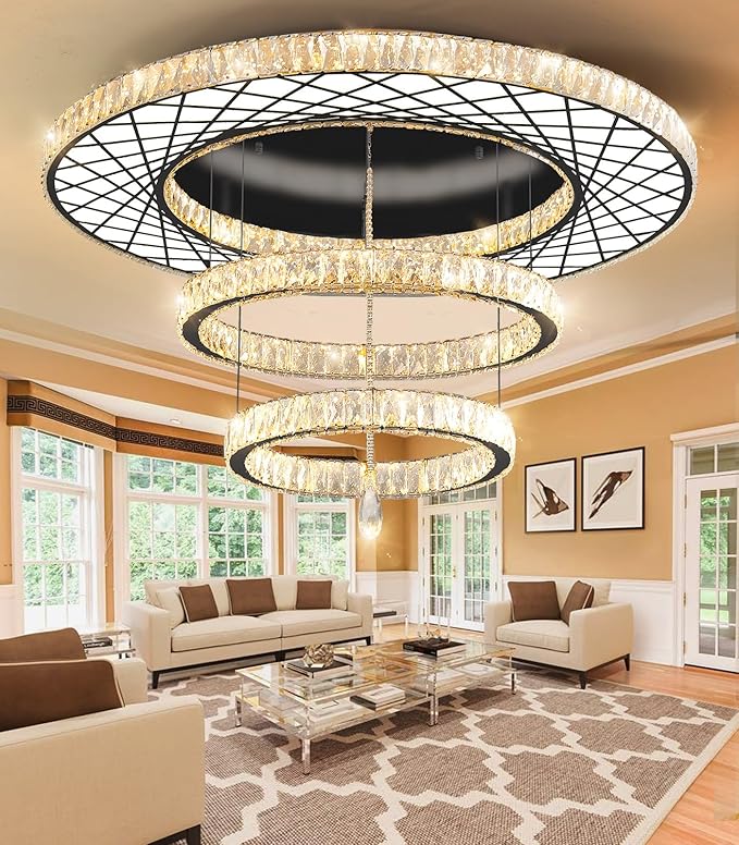 HAIXIANG 48 inch Large Size Glam Chandelier Crystal Ceiling Light for Living Room Chandeliers Lighting Fixtures with Remote Dimmable LED Light,Black Luxury Interior Light