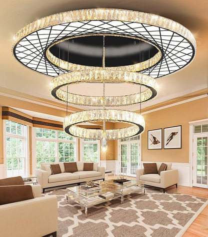 HAIXIANG 48 inch Large Size Glam Chandelier Crystal Ceiling Light for Living Room Chandeliers Lighting Fixtures with Remote Dimmable LED Light,Black Luxury Interior Light