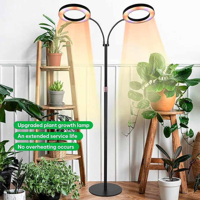 Dual-Head Grow Lights for Indoor Plants, LED Full Spectrum Floor Plant Lamp with Timer 3/9/12H, Height Adjustable 23"-67" Standing Grow Light for Large Tall Plants, 10 Brightness & Flexible Gooseneck