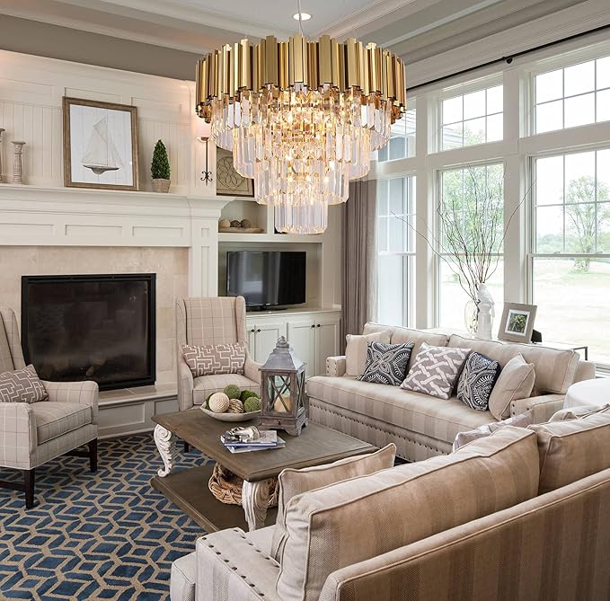 Gold Chandeliers Modern Crystal Chandelier Lighting 7 Lights Round Gold Dining Chandelier Light Fixture Ceiling Bedroom Living Room Entryway 4-Tier Golden 21.6"