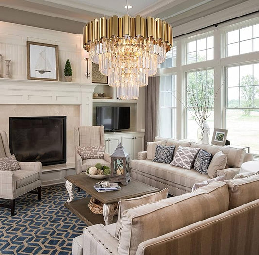 Gold Chandeliers Modern Crystal Chandelier Lighting 7 Lights Round Gold Dining Chandelier Light Fixture Ceiling Bedroom Living Room Entryway 4-Tier Golden 21.6"