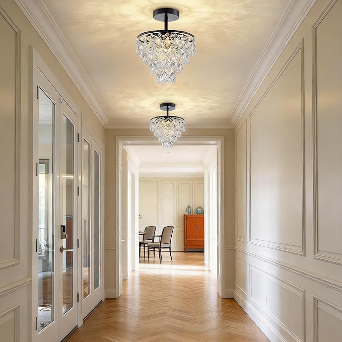Mini Crystal Chandelier Small Modern Crystal Flush Mount Ceiling Light for Hallway Closet, E26 Base, K9 Crystal (Black-Ceiling)