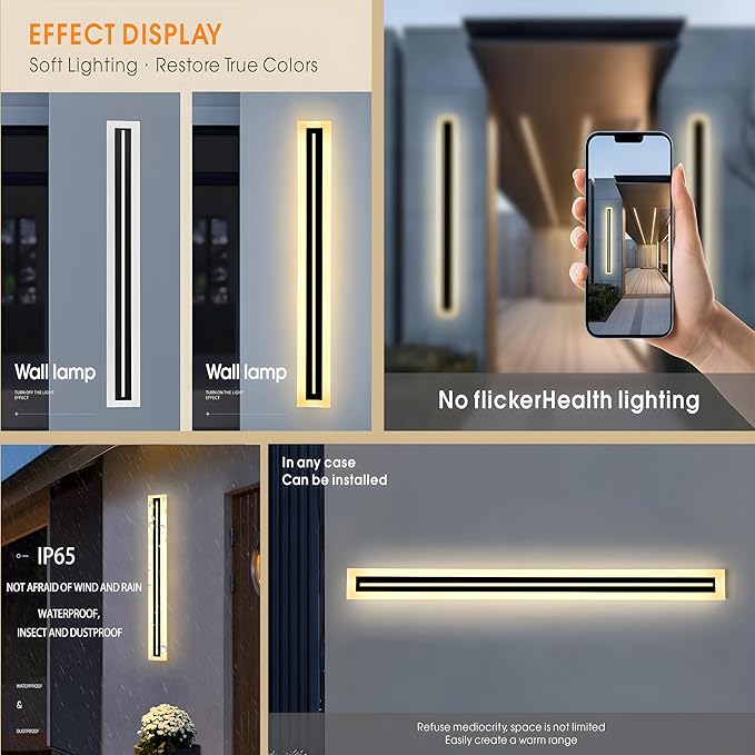 2 PACK-59inch Long Outdoor Modern LED Wall Light,Waterproof IP65 Warm White 110V led Wall Mount Lighting Fixture Rectangular Black Elegant Frosted White Acrylic Anti Rust.