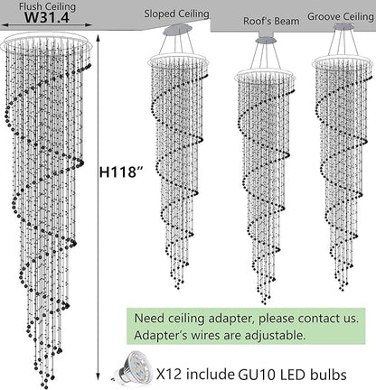 HAIXIANG 118inch Modern Crystal Chandelier for High Ceiling Living Room Foyer Crystal Raindrop Pendant Light Dimmable Lighting with Remote Straircase Fixture LED Bulbs