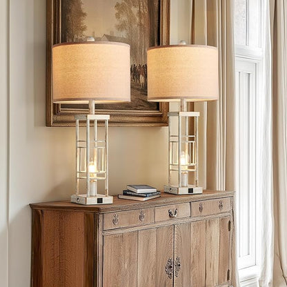 Reaketon Table Lamp for Living Room Set of 2 with USB C+A & Bulbs, 3-Way Dimmable 27.6" Farmhouse End Lamps, Rustic Bedside Lamp for End Tables, Industrial Nightstand Lamps for Bedroom