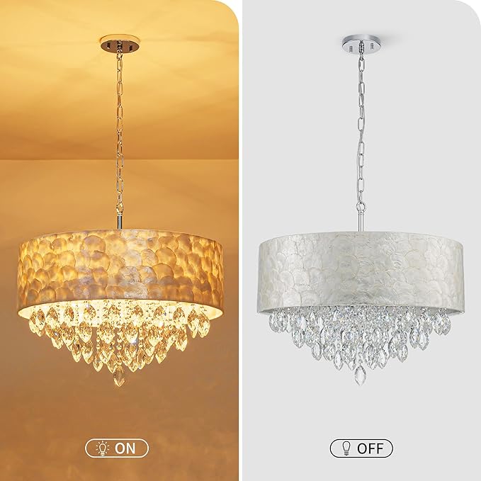 X-Large 6-Light Drum Capiz Shell K9 Crystal Chandelier, Coastal Style Pendant Light Fixture for Dining Room, Living Room, D24 * H24~70 inch (Adjustable), Clear Crystal & Chrome Finish