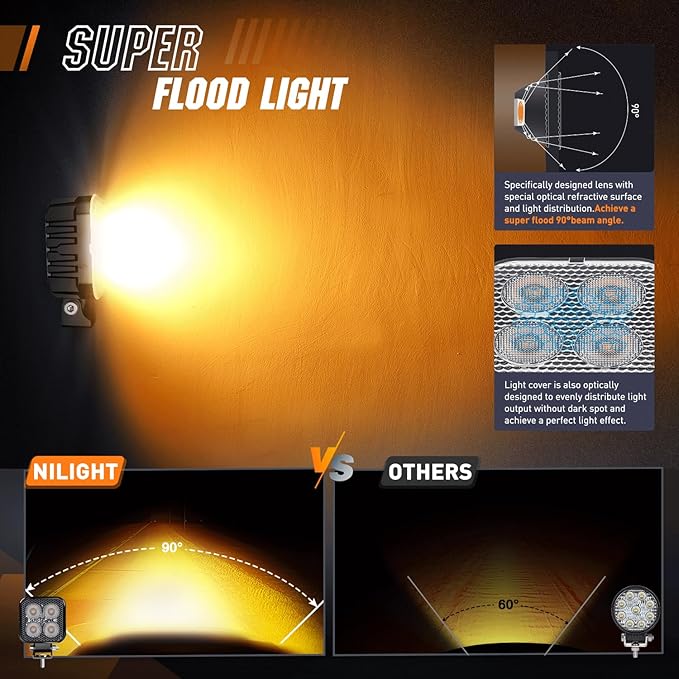 Nilight 2PCS 3 Inch 15W Amber LED Pods Square Built-in EMC Work Flood Beam for Offroad Lighting Side Light Rear Back-Up Light for Tractor Truck Motorcycle Boat ATV UTV