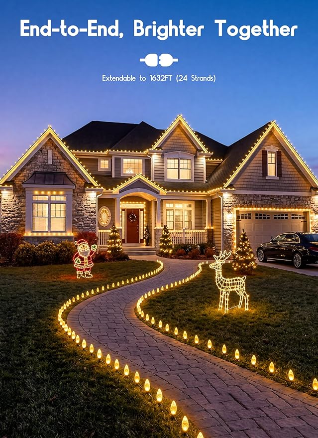 C9 68Ft Led Christmas String Lights 100 LED with Quick Clips Outdoor Waterproof Strawberry Lights, Commercial Grade Extendable for Indoor Outside Roofline Patio Home Xmas Decoration, Warm White