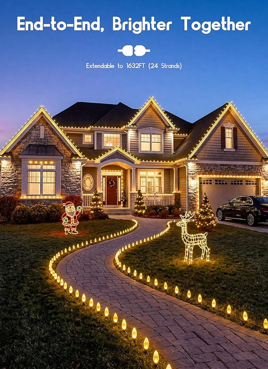 C9 68Ft Led Christmas String Lights 100 LED with Quick Clips Outdoor Waterproof Strawberry Lights, Commercial Grade Extendable for Indoor Outside Roofline Patio Home Xmas Decoration, Warm White