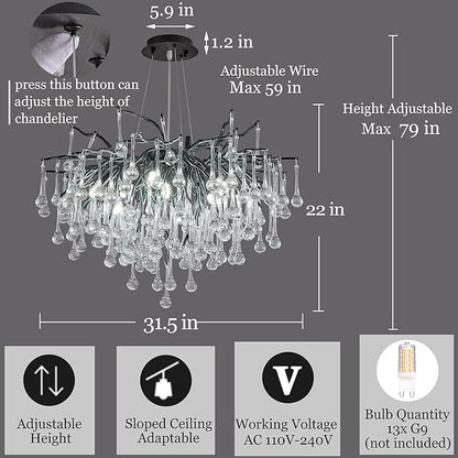 Modern Crystal Raindrop Chandelier, Black Round Art Deco Tree Branch Lighting Fixture for Dining Room Living Room Foyer 13 Lights D31.5''
