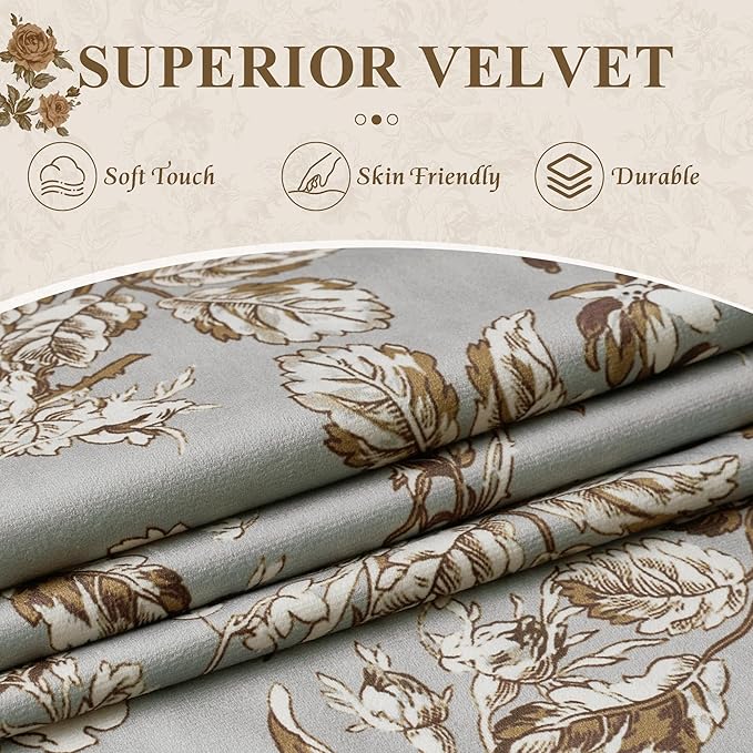 StangH Vintage Velvet Floral Curtains for Bedroom, Rose Pattern Printed Curtains with Classic Style Energy Efficient Decorative Panels for Sliding Door,Pea Green, W52 x L84, 2 Panels