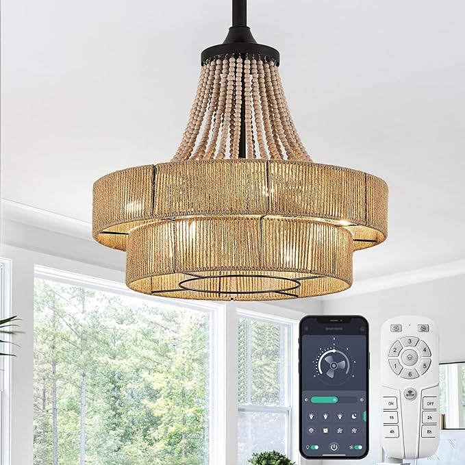20 inch Boho Chandelier with Fan, Remote and App Control, Double-Layer Drum Shade, 8-Lights Rattan Farmhouse Fandelier for Dining Room, Bedroom, Kitchen