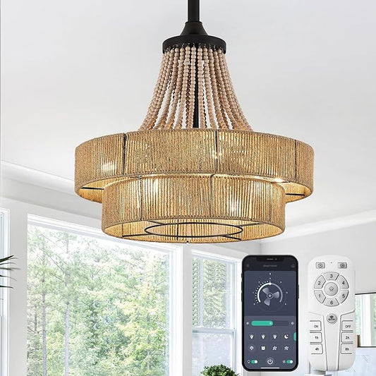 20 inch Boho Chandelier with Fan, Remote and App Control, Double-Layer Drum Shade, 8-Lights Rattan Farmhouse Fandelier for Dining Room, Bedroom, Kitchen
