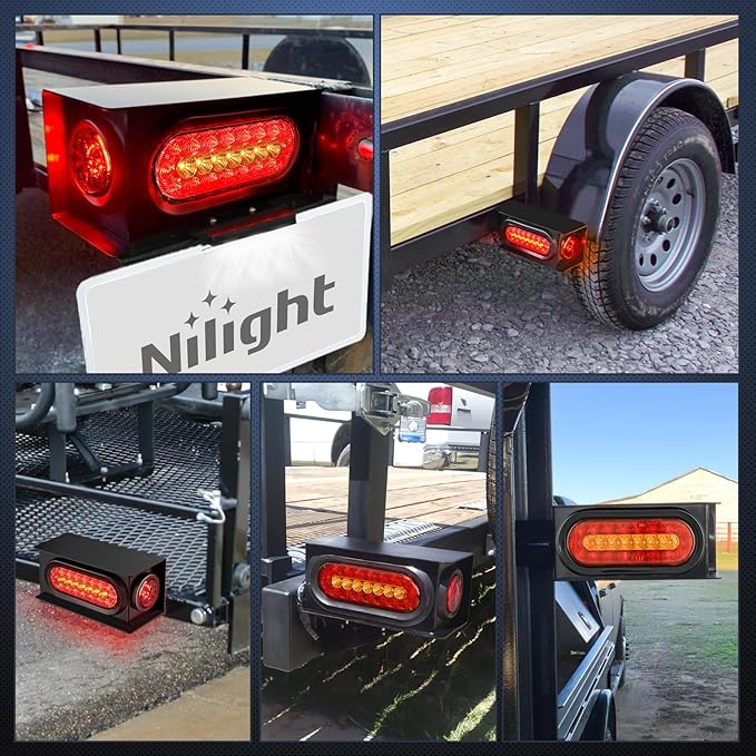 Nilight 2 PCS Steel Trailer Light Boxes Housing Kit 3LED License Plate Lights 6 Inches Oval Red Amber Tailight 2 Inch Round Side Marker Lamp Grommet Plugs for Truck Tractor Car