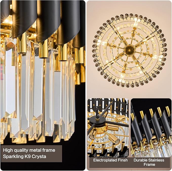 Black and Gold Crystal Chandelier Contemporary 24" with 5-Tier Modern Living Room Chandeliers K9 Crystal Ceiling Lights Fixtures for Dining Room Living Room Bedroom Foyer