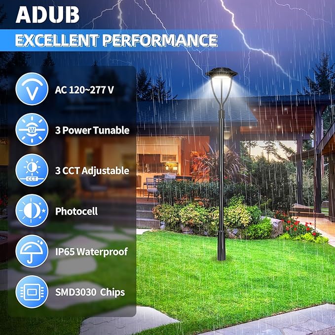 ADUB LED Post Light 80W 60W 48W, Outdoor LED Post Top Light 3000K/4000K/5000K Adjustable, ETL Listed Fixture with Photocell, IP65 Commercial Lamp Pole Lighting, AC 100-277V