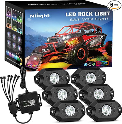 Nilight RGB LED Rock Lights Kit, 6 pods Underglow Multicolor Neon Pod with Bluetooth App Control Flashing Music Mode IP68 Exterior Wheel Well Light for Truck ATV UTV RZR SUV