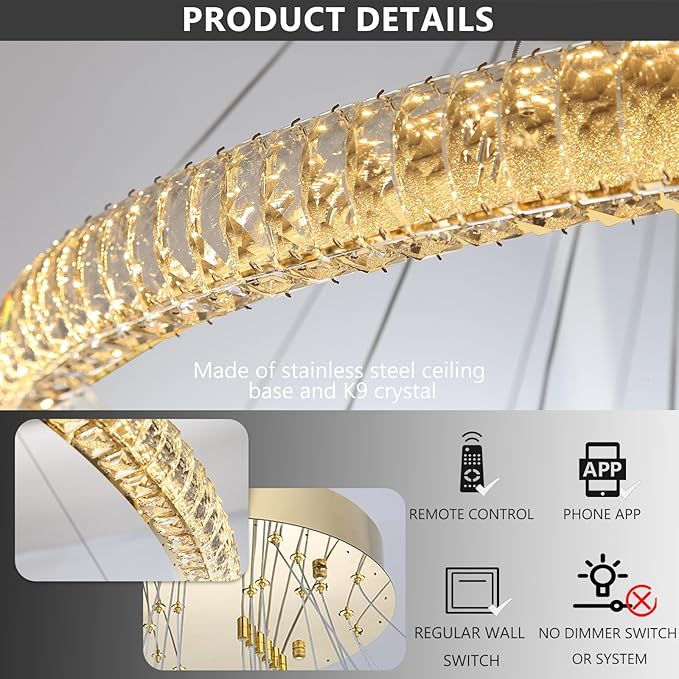 47" 6 Ring Crystal Chandelier Modern LED Dimmable Ring Pendant Light Chandelier for Dining Room Living Room Gold