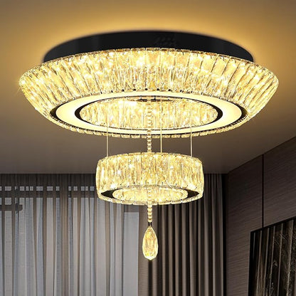 Led 24'' Black Ring Crystal Chandelier,Modern Luxury 2 Tier Crystal Raindrop Chandeliers Lighting for Dining Living Room LED Dimmable 3000-6000K