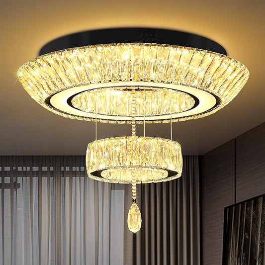Led 24'' Black Ring Crystal Chandelier,Modern Luxury 2 Tier Crystal Raindrop Chandeliers Lighting for Dining Living Room LED Dimmable 3000-6000K