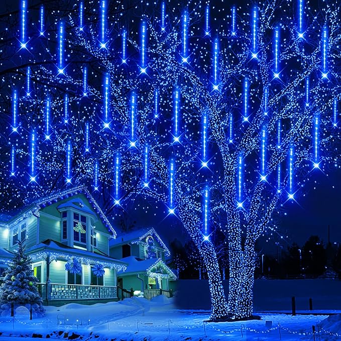 Purtuemy Outdoor Christmas Decorations, 12 inch/ 30 cm Meteor Shower Lights, Icicle Lights for Tree, Xtmas Decorations for Yard House Wedding Party, Blue