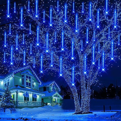Purtuemy Outdoor Christmas Decorations, 12 inch/ 30 cm Meteor Shower Lights, Icicle Lights for Tree, Xtmas Decorations for Yard House Wedding Party, Blue