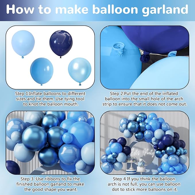 HILAVO Blue Balloon Garland Arch Kit 12 Inch 90 Pcs Metallic Chrome Pearl Baby Light Dark Royal Blue Latex Balloons for Winter Wonderland Baby Shower Birthday Wedding Ocean Party Decor
