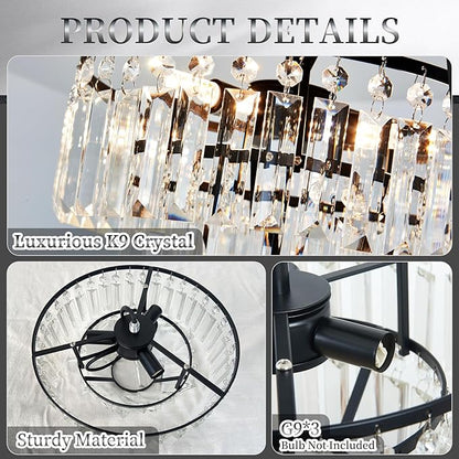 Black Crystal Chandeliers,3-Lights Modern Crystal Chandelier for Dining Room,3 Tiers Small Chandeliers for Living Room Bedroom Kitchen Entryway G9 Base