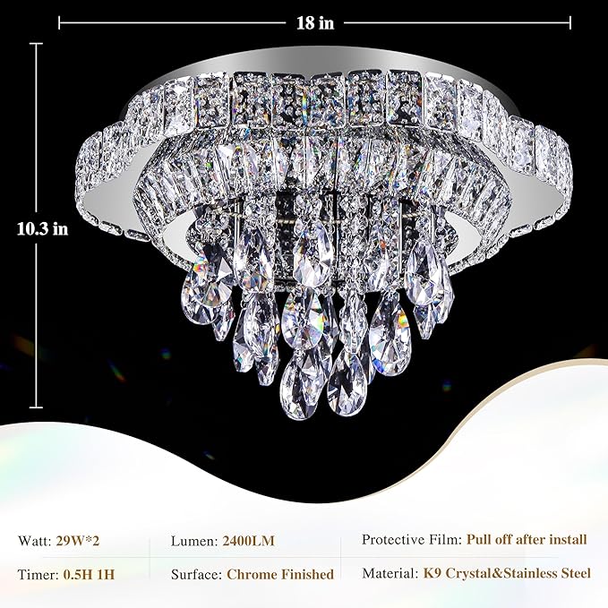 Silver 18" Modern Flush Mount Chandelier for Bedroom, LED Crystal Ceiling Light Over Table,Elegant Dining Room Lighting Fixture with Remote Control, 3CCT Dimmable
