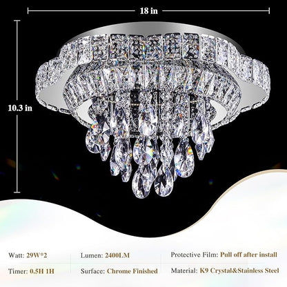 Silver 18" Modern Flush Mount Chandelier for Bedroom, LED Crystal Ceiling Light Over Table,Elegant Dining Room Lighting Fixture with Remote Control, 3CCT Dimmable