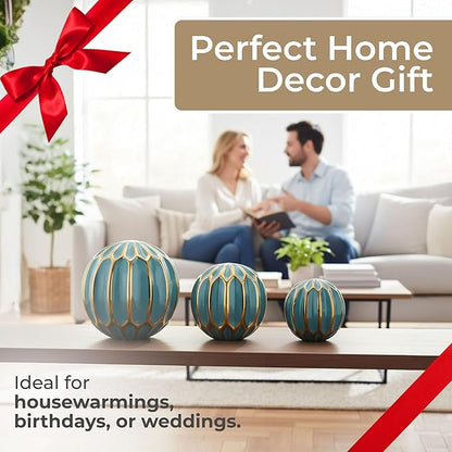 Sagebrook Home Set of 3 Blue Decorative Orbs – Stoneware & Ceramic Spheres for Home & Office Decor – Elegant Accent Pieces for Living Room, Bedroom, Coffee Table & Shelves