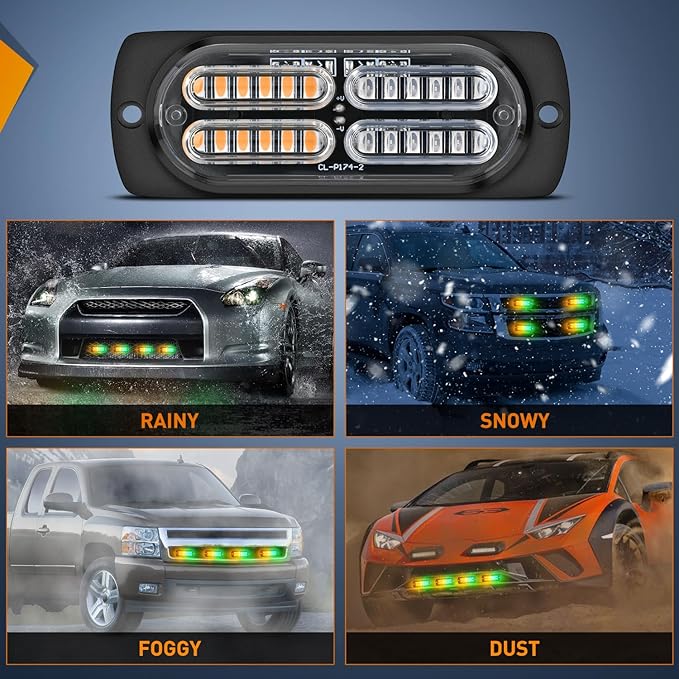 Nilight 4PCS Amber Green Strobe Lights 24LED Emergency Hazard Warning Light Sync Feature Ultra Slim Surface Mount with Controller and Cigarette Lighter Plug for Truck Car Vehicle