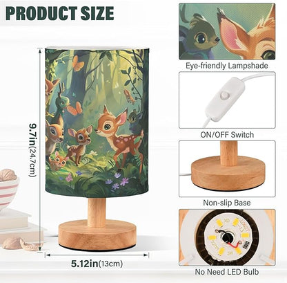 Table Lamp Forest Animal Deer Fox Butterfly Bird Flower Nightstand Lamp with Wood Base Fabric Lamp Shade Bedside Desk Lamp for Living Room Bedroom Kids Room Office