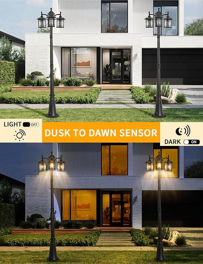 Dusk to Dawn Sensor Outdoor Post Light 82.7" H 3-Headed Post Lamp with Outlet E26 Pole Street Lantern 3 Light Outdoor Lamp Post Lights IP65 Waterproof Outdoor Street Light for Pole Garden