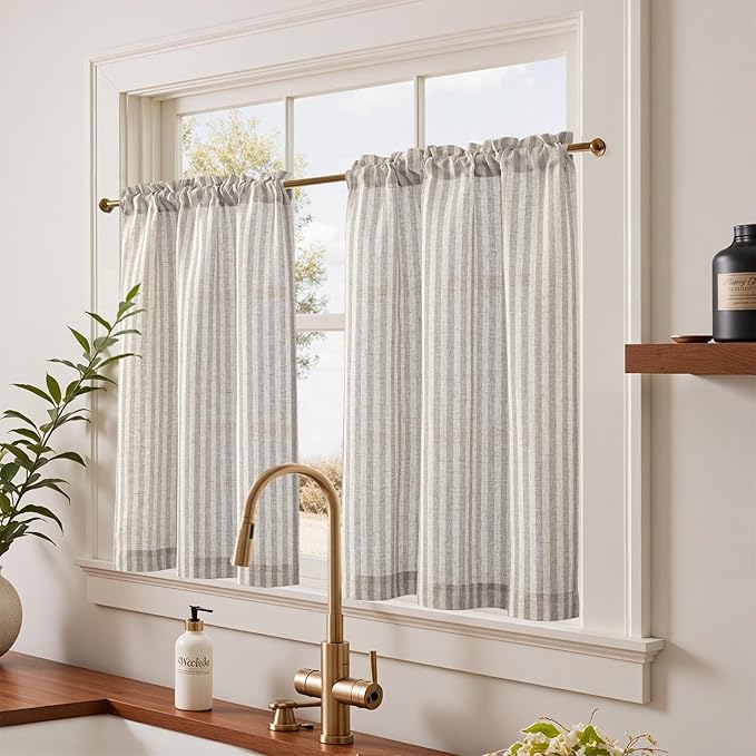 jinchan Striped Linen Kitchen Curtains 36 Inches Tier Curtains Farmhouse Modern Cafe Style Small Window Treatments Airy Light Filtering Rod Pocket for Living Room Bathroom 2 Panels Taupe Grey