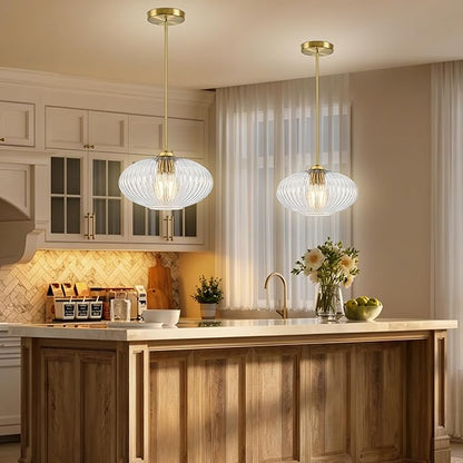 12" Clear Glass Modern Pendant Light Kitchen Island Brushed Gold Mid Century Modern Pendant Lighting with Clear Glass Hanging Pendant Light for Dining Room（Bulb Incl.）