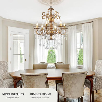 Luxury Antique Bronze Crystal Chandeliers with Candle Pendant Ceiling Light Fixture - 6 Lights Gold Crystal Chandelier for Dining Room, Living Room, Kitchen, Bedroom - D23 inch