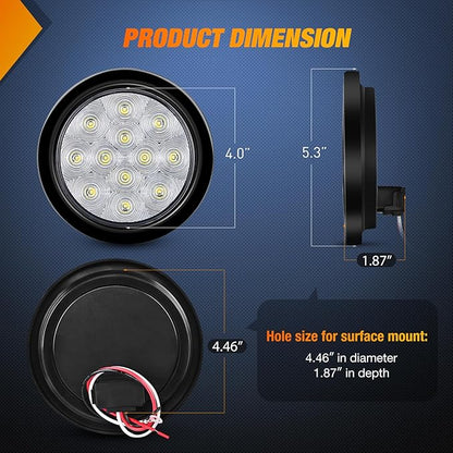 Nilight 4Inch Round Trailer Tail Light with flush Mount Grommets Plugs w/Mounting Brackets 2PCS White Waterproof Reverse Back Up Lights for RV Truck