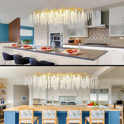Crystal Tree Branch Chandelier L63 Inch Luxury Rectangular Crystal Raindrop Pendant Light 16 Lights Kitchen Island Hanging Light Fixture for Living Room Dining Room Foyer Entryway Gold