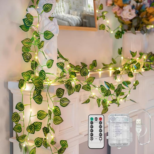 suddus Vines with Fairy Lights Battery & USB Powered Operated, 33ft 100 LED Watermelon Leaves String Lights with Remote, Artificial Plants for Indoor, Bedroom, Wedding, Wall, Party Decor(Warm White)
