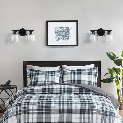 WOSHITU Bathroom Vanity Light Fixtures: 14.2 Inch Modern Black Vanity Lighting Fixtures Over Mirror with Clear Glass Shade, Matte Black 2 Light Fixtures for Bathroom Above Mirror, Wall Mount Sconces