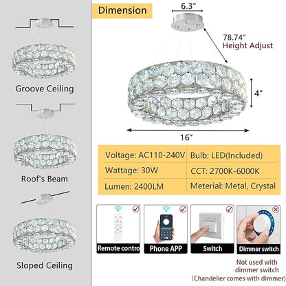 Crystal Chandeliers Modern Rings Pendant Light LED Dimmable Ceiling Light for Bedroom Dinning Room Kitchen Silver