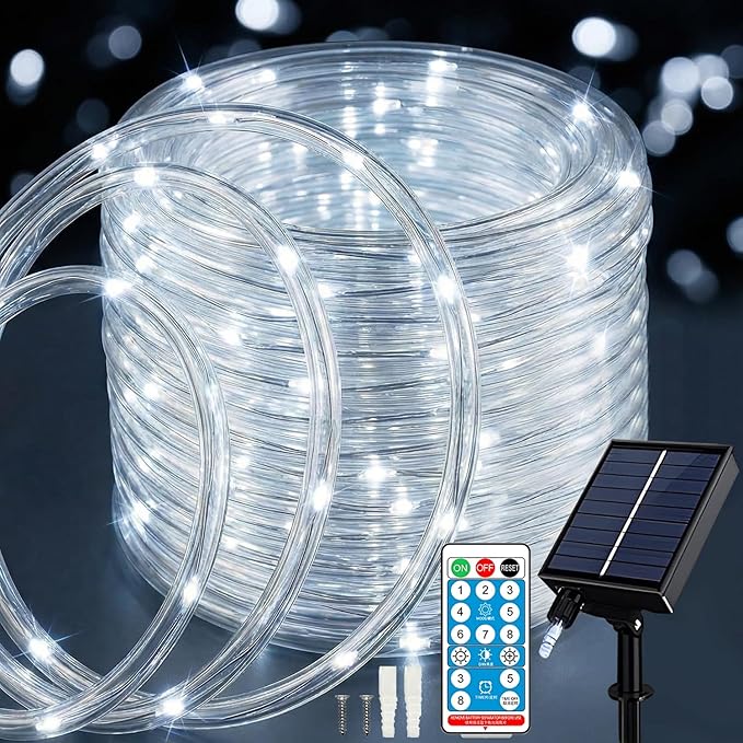 ANJAYLIA 66FT 200 LED Solar Rope Lights Outdoor Waterproof, Solar Powered Rope String Lights with 8 Modes & Timer Remote, for Outdoor, Patio, Garden, Camping, Holiday & Christmas Décor Cool White