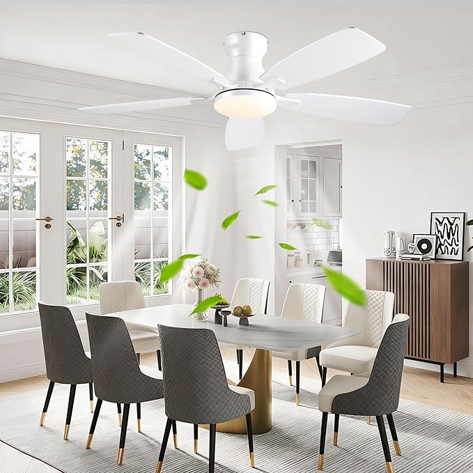 JSAITEE 46in Ceiling Fans with Lights - Flush Mount Low Profile Ceiling Fan with DC Motor, 6 Speeds 3CCT Dimmable, Modern Indoor Fan Light Fixtures for Bedroom, Kitchen, White