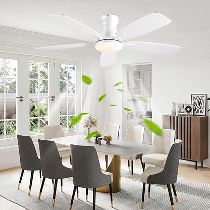 JSAITEE 46in Ceiling Fans with Lights - Flush Mount Low Profile Ceiling Fan with DC Motor, 6 Speeds 3CCT Dimmable, Modern Indoor Fan Light Fixtures for Bedroom, Kitchen, White