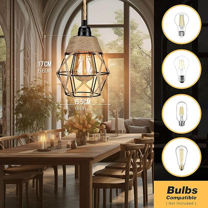 Plug in Pendant Light, Industrial Hanging Light with Plug in Cord, Hemp Rope On/Off Switch Farmhouse Pendant Light, Hanging Lamps for Dining Room