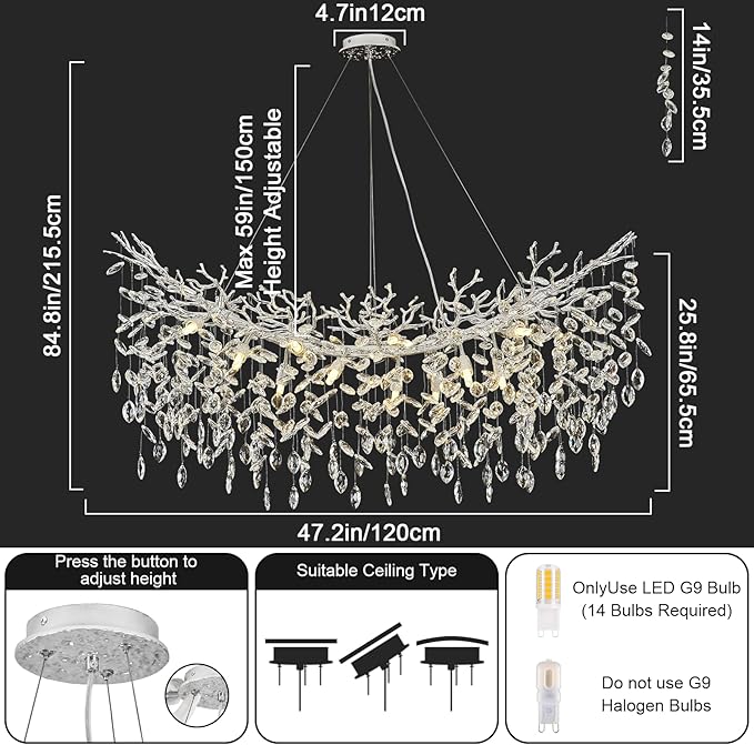 Modern Crystal Silver Chandelier, 47" Large Rectangular Tree Branch Chandeliers for Dining Room Over Table,Living Room,High Ceiling,Kitchen Island,Foyer,Staircase, Crystals Ceiling Light Fixtures