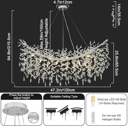 Modern Crystal Silver Chandelier, 47" Large Rectangular Tree Branch Chandeliers for Dining Room Over Table,Living Room,High Ceiling,Kitchen Island,Foyer,Staircase, Crystals Ceiling Light Fixtures